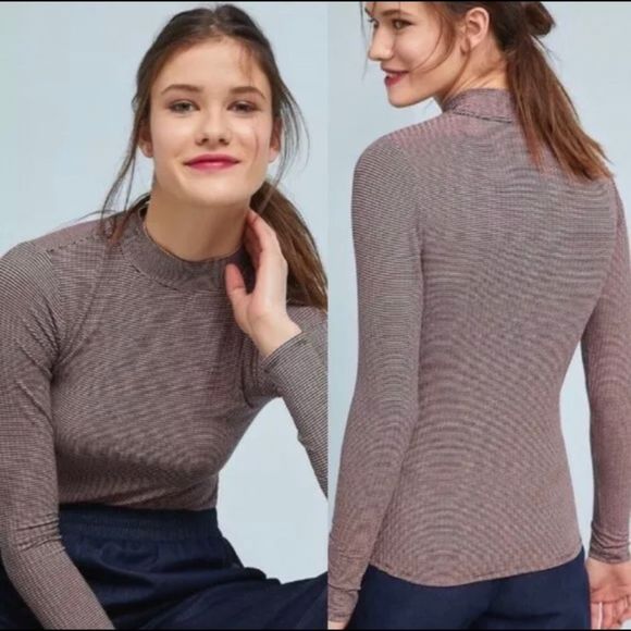 Anthropologie Postmark • Striped Ribbed Long Sleeve Turtleneck Top - Picture 1 of 9